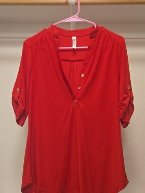 Red Women's Button-Detail V-Neck Top